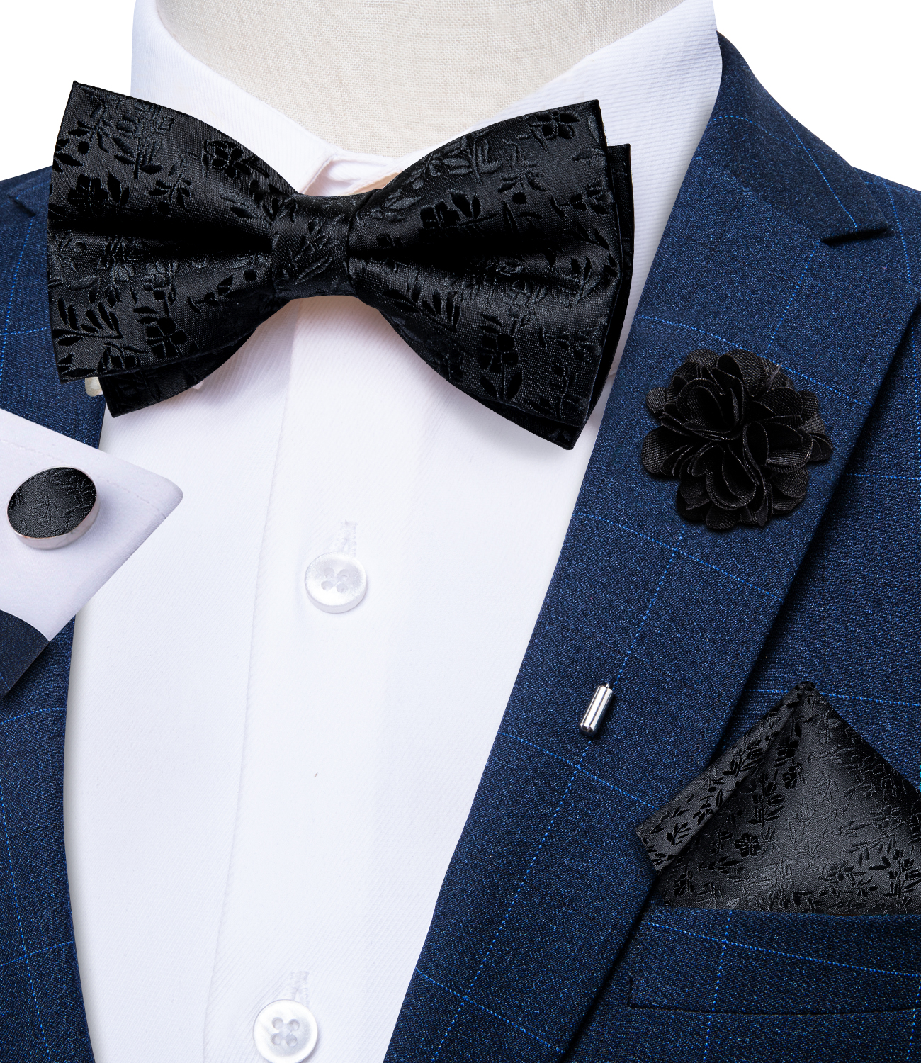 Mens Grooming Kit Gift - 4Pcs Black Solid Floral Men's Pre-tied